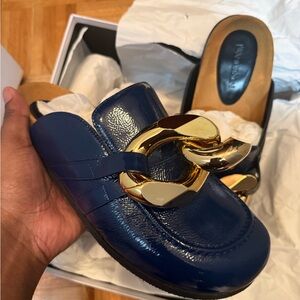 BNIB Authentic JW Anderson Elegant Blue Leather Mules with Gold  Eur 44/US 11